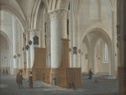 En poster på målningen som är gjord av Isaak van Nickelen (1632 - 1703) med motiv innefrån interiören av kyrkan St Bravo i Nederländerna.