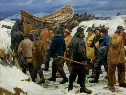 Skagen målaren Michael Ancher med en vacker målning på flera fiskare, finns nu som poster.