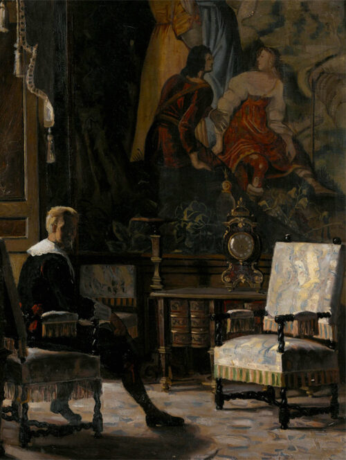 En poster av målningen som är gjord av Oscar Björck, målningen föreställer interiören från Kungens sängkammare på Gripsholms slott.