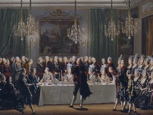 Publik spisning på Stockholms slott på nyårsdagen gjord av Pehr Hilleström 1779, nu reproducerad till konstposter.