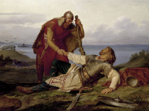 Historisk poster av motivet Hjaömars avskedd av Orvar Odd eftr striden på Samsö, denna målning är målad av den kända konstnären Mårten Eskil Winge.