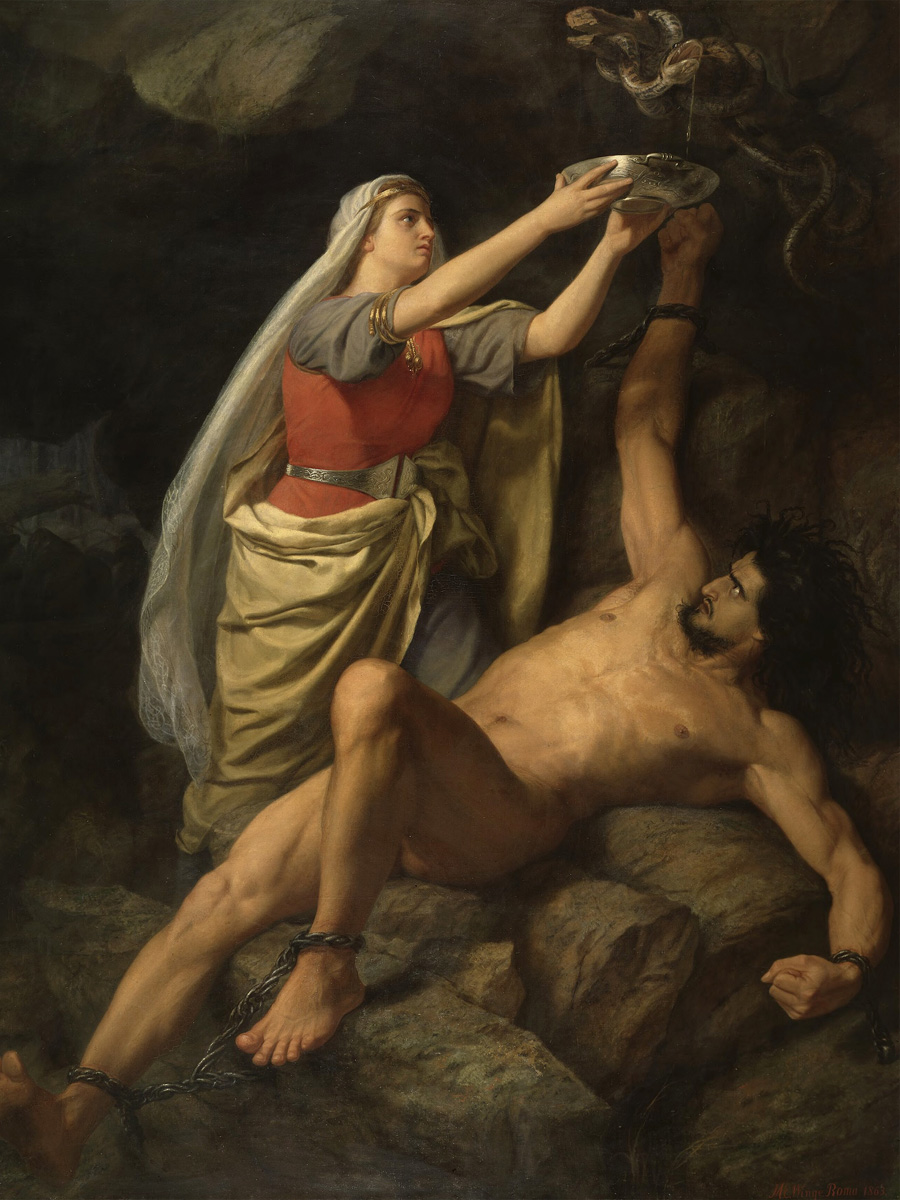 Loke och Sigyn - målad av konstnären Mårten Eskil Winge (1825 - 1896) poster av motivet Historisk poster av vikinga och asatro motivet Loke och Siygn. Motivet är målad av den kända svenska konstnären Mårten Eskil Winge.