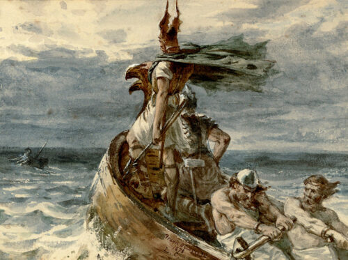 Vikingar på väg mot land (vikings heading for land) av Frank Dicksee, historisk poster.