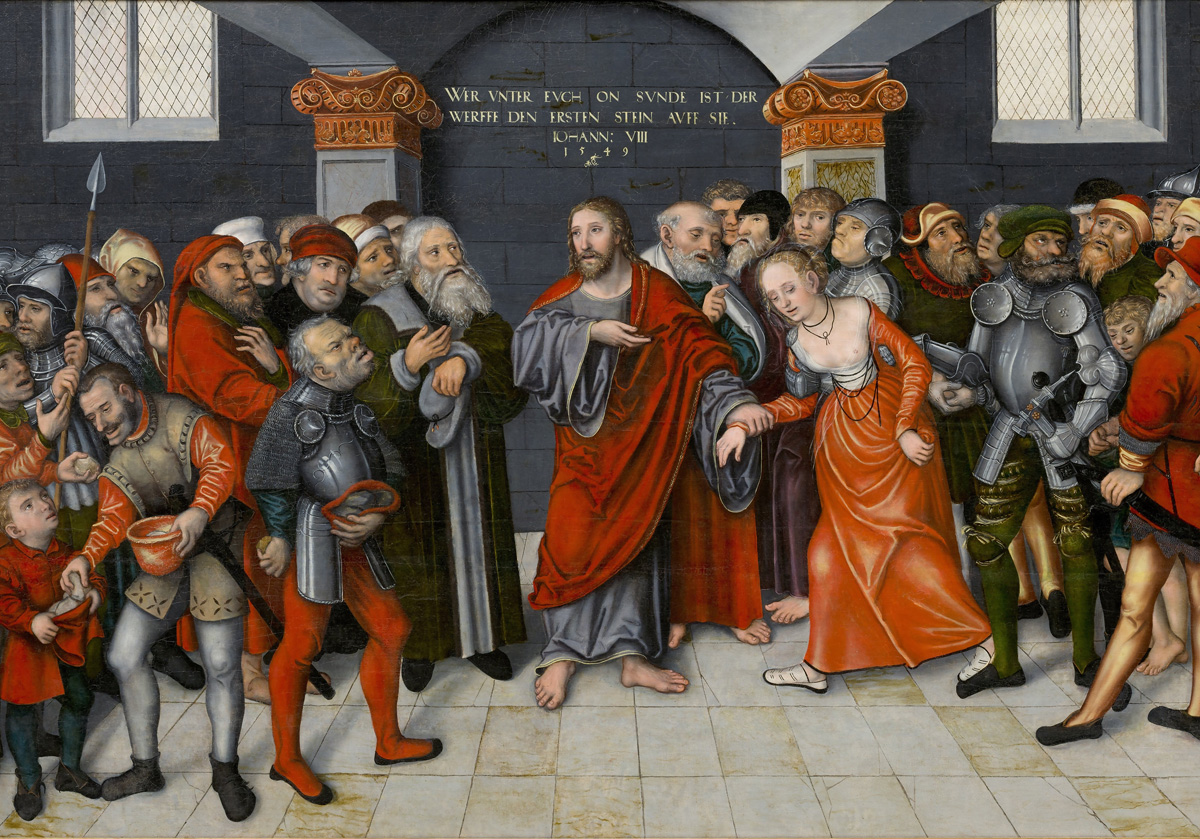 Jesus och äktenskapsbrytaren - Lucas Cranach II den yngre renässans royal posters kända konstnärer