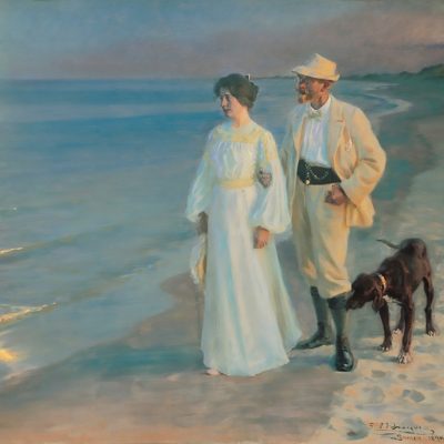 Del av målningen Sommarkväll på Skagens strand som porträtterar Marie Kröyer och Peder Severin Kröyer, som också är kostnären