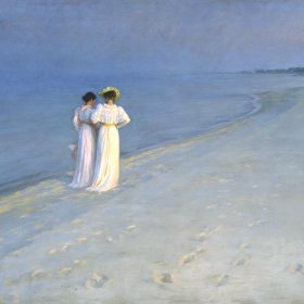 Konsttryck av den vackra målningen Sommarafton på Skagen Sönderstrand målad av Peder Severin Kröyer.
