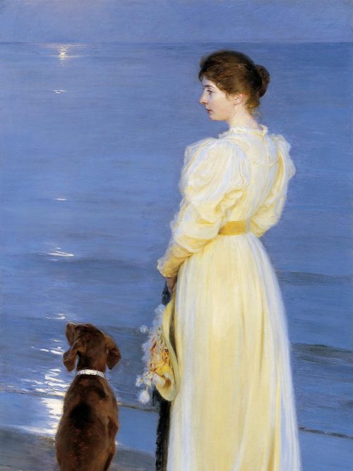Målning av den kända skagenmålaren Peder Severin Kröyer. Målningen heter Sommarkväll på Skagen och porträtterar Peder Severin Kröyers fru Marie Kröyer och deras hund.